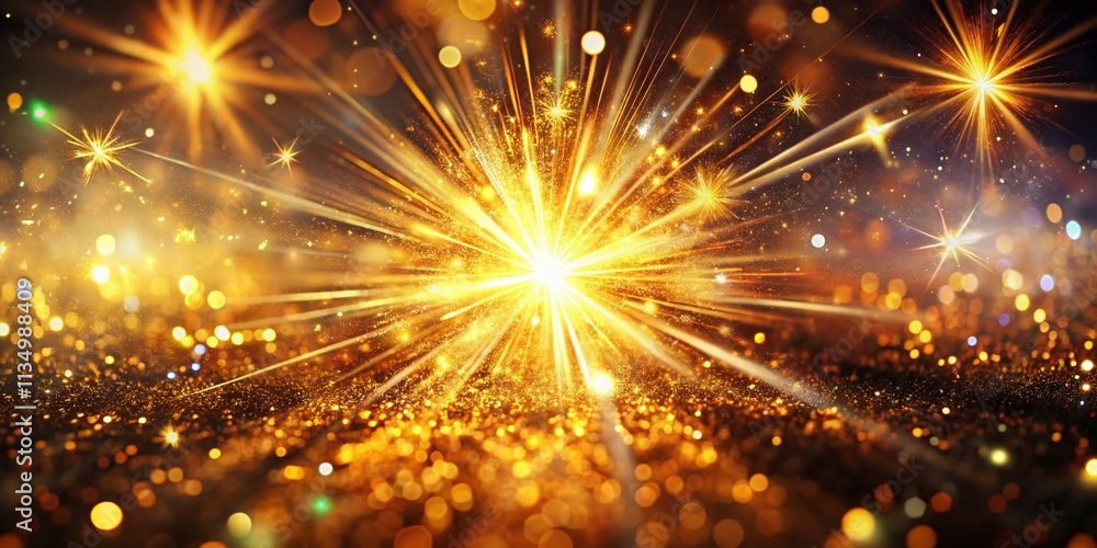 Fototapeta premium Glowing Starburst Explosion with Sparkles and Rays - Golden Light Flare Firecracker Effect Featuring Glittering Stars and Shiny Bright Rocket Burst for Stunning Visual Impact