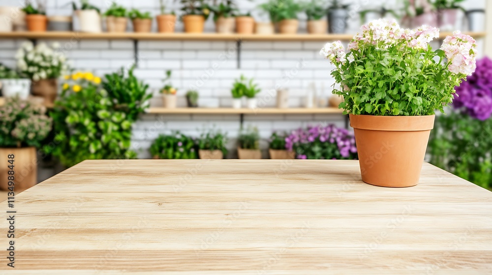 Wooden Tabletop With Potted Flowers In A Greenhouse Setting Wooden Tabletop With Potted Flowers In A Greenhouse Setting
