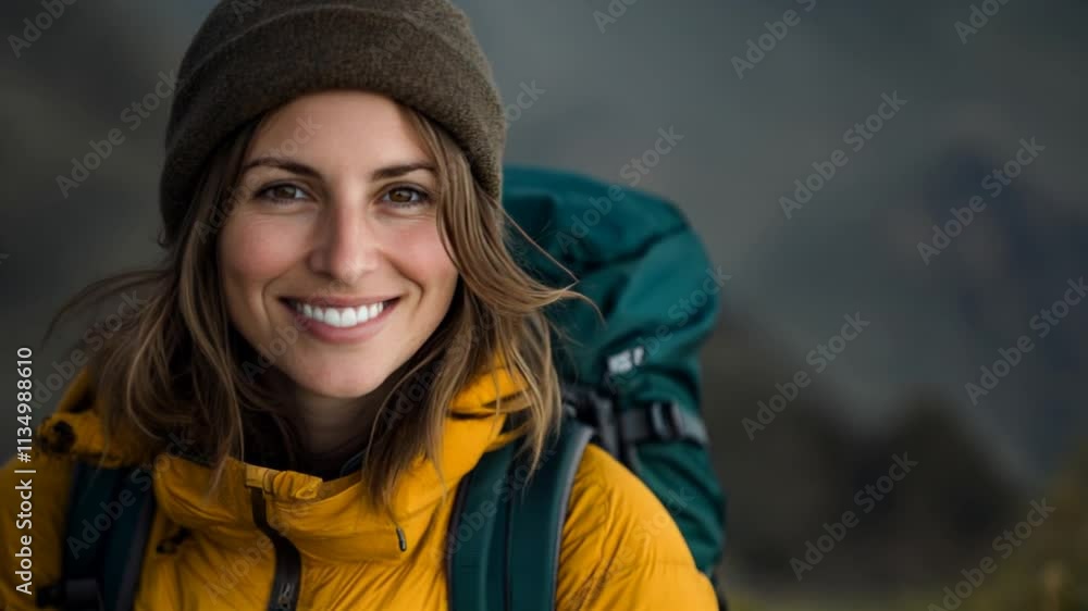 Smiling woman in hiking gear during a mountain trekking adventure Smiling woman in hiking gear during a mountain trekking adventure