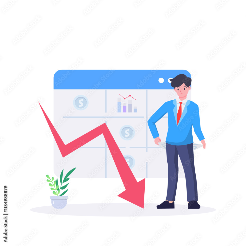 Business fail. Graph down. Sad unhappy office worker. Vector flat cartoon illustration Business fail. Graph down. Sad unhappy office worker. Vector flat cartoon illustration