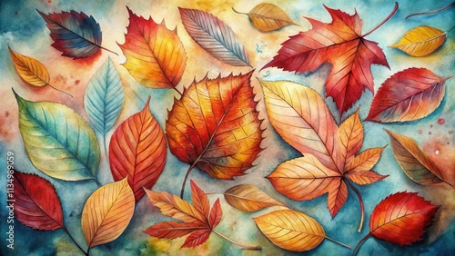 Wallpaper Mural Watercolor painting depicting a variety of autumn leaves in shades of red, yellow, orange, and green on a blue background Torontodigital.ca