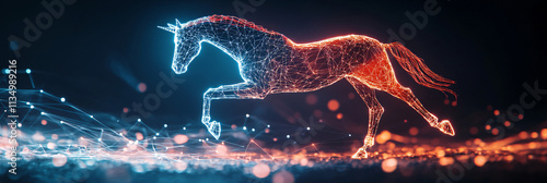 A futuristic horse icon glowing with performance data, symbolizing online equestrian platforms, smart training tools, and digital horse care resources.   photo