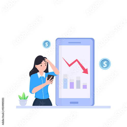 Business fail. Graph down. Sad unhappy office worker. Vector flat cartoon illustration