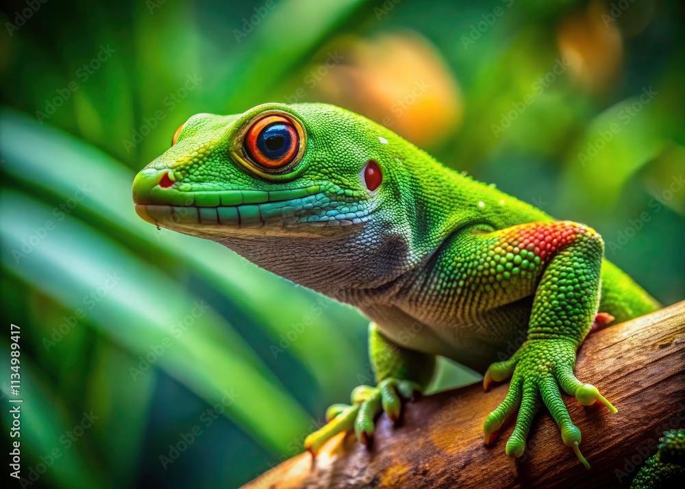 Close-Up of a Green Gecko Lizard on a Branch in a Lush Natural Habitat - Vibrant Wildlife Photography