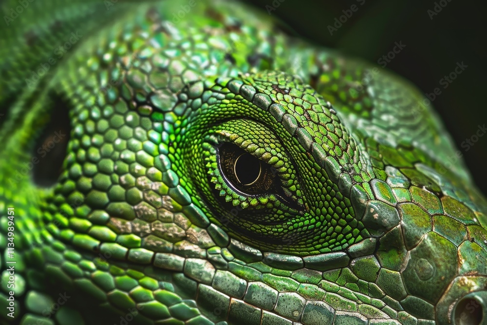 The close-up captures the intricate patterns and textures of a green lizard's scales, emphasizing its striking eye and rich colors against a dark background. The close-up captures the intricate patterns and textures of a green lizard's scales, emphasizing its striking eye and rich colors against a dark background.