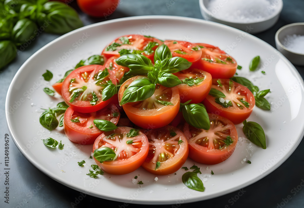 Simple tomato salad featuring fresh basil and sea salt on a clean white plate, with parsley and olive oil for flavor, ai. Simple tomato salad featuring fresh basil and sea salt on a clean white plate, with parsley and olive oil for flavor, ai.