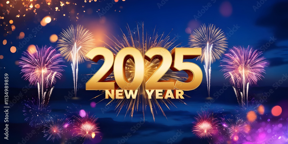2025 New Year Celebration - Golden Number And Fireworks At Blue Eve Night In Abstract Defocused Lights_ Ai Generated. 2025 New Year Celebration - Golden Number And Fireworks At Blue Eve Night In Abstract Defocused Lights_ Ai Generated.