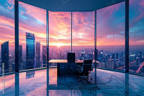 Wallpaper Mural A breathtaking sunset illuminates the sky with vibrant colors, casting a warm glow over a sleek modern office featuring expansive glass walls and a cityscape view. Torontodigital.ca