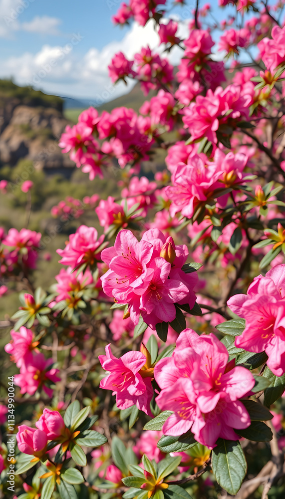 panoramic scene, blooming pink rhododendrons flowers, amazing panoramic nature scenery, origami, with white tones panoramic scene, blooming pink rhododendrons flowers, amazing panoramic nature scenery, origami, with white tones