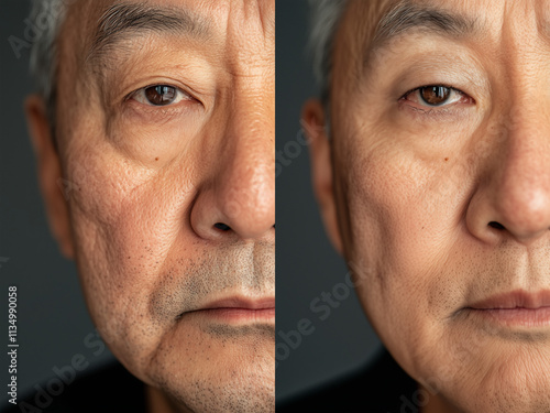 before and after facial rejuvenation asian man in 60s, filler, wrinkles, facelift, cosmetic surgery, close up