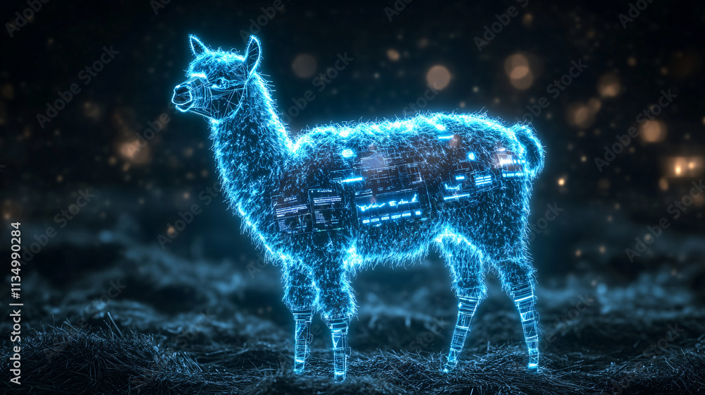 A futuristic llama icon glowing with wool production data, symbolizing online farming platforms, smart livestock management tools, and sustainable agriculture initiatives. A futuristic llama icon glowing with wool production data, symbolizing online farming platforms, smart livestock management tools, and sustainable agriculture initiatives.