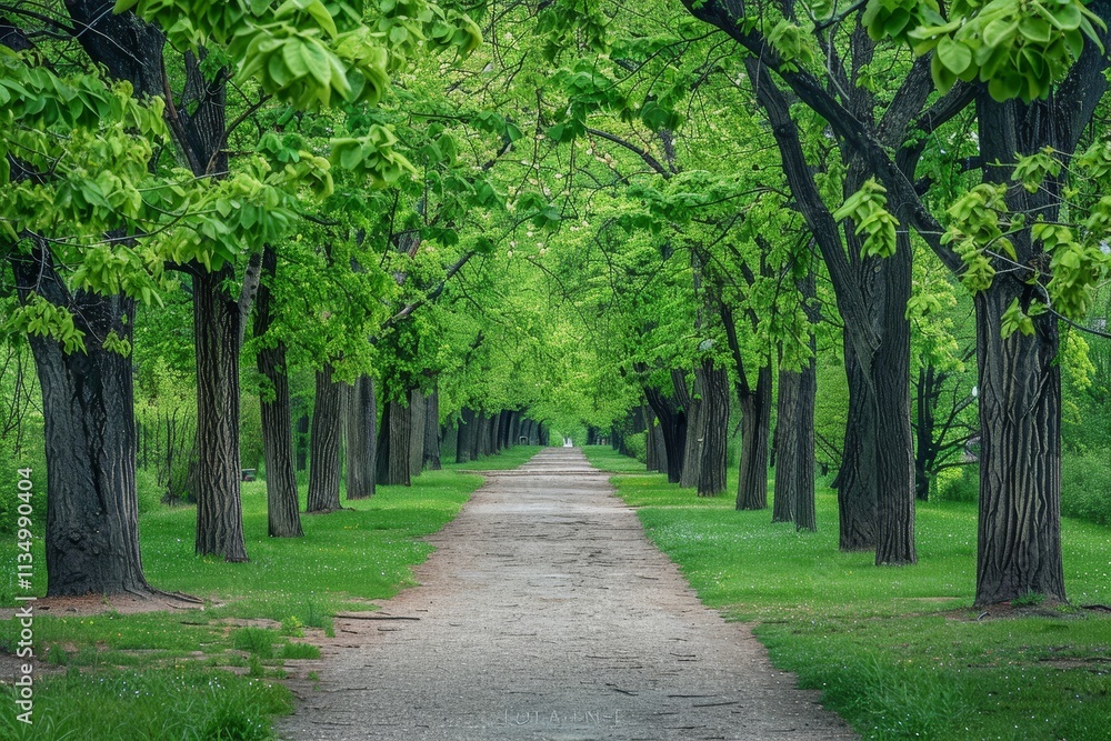 A long, peaceful pathway is surrounded by vibrant green trees, creating a serene atmosphere that encourages leisurely strolls and enjoying nature. A long, peaceful pathway is surrounded by vibrant green trees, creating a serene atmosphere that encourages leisurely strolls and enjoying nature.