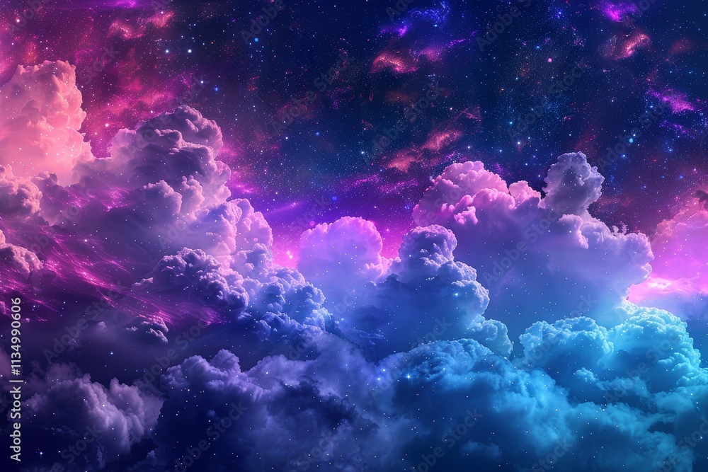 Fototapeta premium A vibrant display of clouds glows with shades of pink, purple, and blue, set against a starry sky, evoking a serene and mystical atmosphere at night.