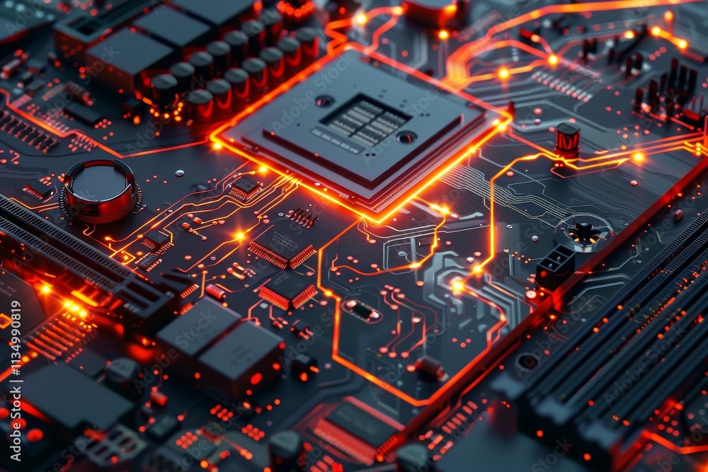 A detailed circuit board is illuminated by vibrant orange pathways, highlighting the complexity of electronic components and the cutting-edge technology involved. A detailed circuit board is illuminated by vibrant orange pathways, highlighting the complexity of electronic components and the cutting-edge technology involved.
