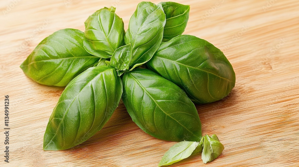 Fresh basil leaves on a wooden surface, showcasing their vibrant green color and smooth texture, perfect for culinary use. Fresh basil leaves on a wooden surface, showcasing their vibrant green color and smooth texture, perfect for culinary use.
