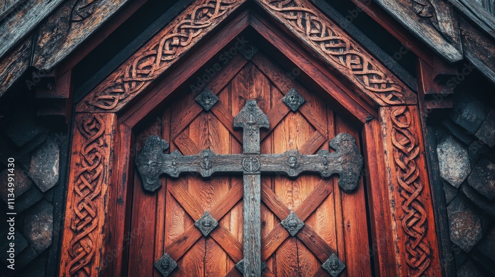 Ornate Wooden Church Door with Intricate Carvings Ornate Wooden Church Door with Intricate Carvings