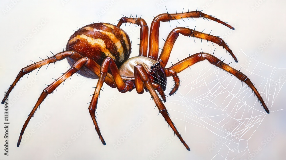 A detailed illustration of a spider showcasing its distinct colors, patterns, and long legs, with a spiderweb subtly depicted in the background. A detailed illustration of a spider showcasing its distinct colors, patterns, and long legs, with a spiderweb subtly depicted in the background.