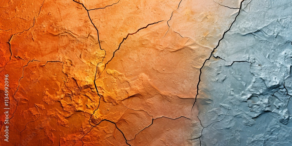Naklejka premium Abstract texture of cracked paint featuring warm orange and cool blue hues, creating a striking contrast and adding depth to the composition.