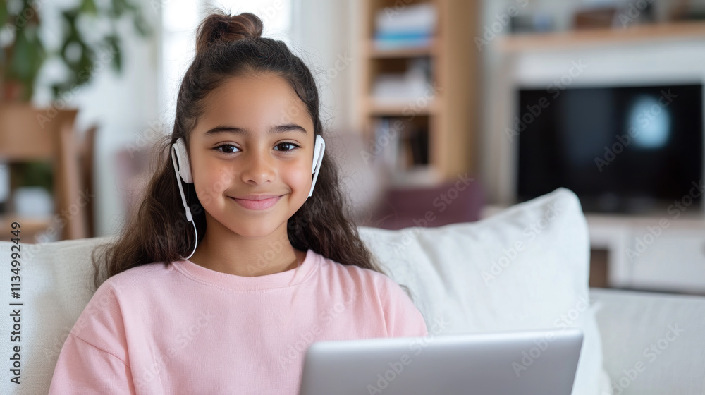 Hispanic girl online in living room holding a laptop and earphones Hispanic girl online in living room holding a laptop and earphones
