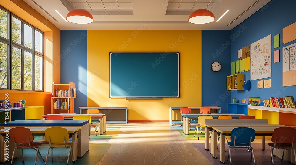 Classroom with desks, chalkboard, colorful walls, and natural light. Classroom with desks, chalkboard, colorful walls, and natural light.