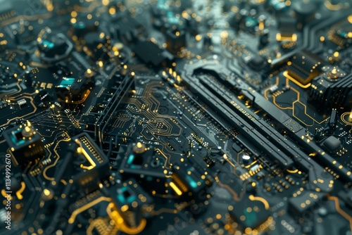 A detailed examination of a high-tech circuit board reveals advanced electronic components and luminous connections, creating a striking visual of modern technology. photo