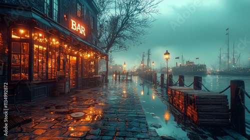 Rainy Night at the Harborside Pub: A captivating scene of a quaint cobblestone street, wet from the rain, with a glowing bar and harbor ships in the background. photo