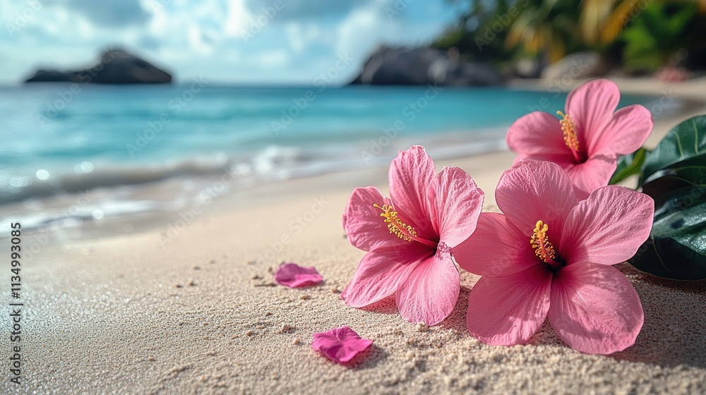 custom made wallpaper toronto digitalPink hibiscus flowers accent the warm sandy beach, inviting relaxation on a sunny day