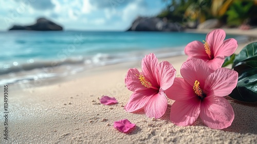 Pink hibiscus flowers accent the warm sandy beach, inviting relaxation on a sunny day