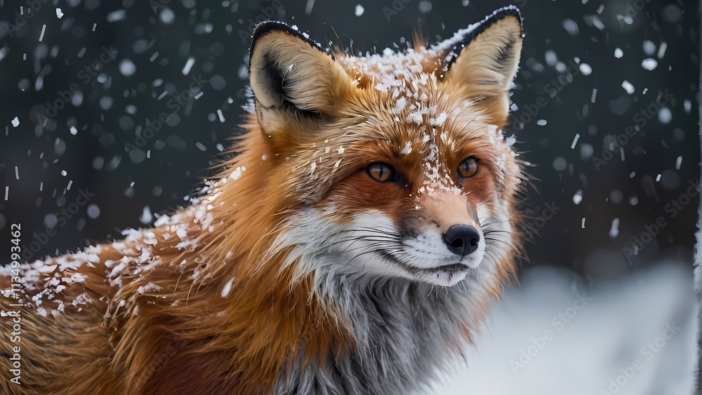 Fototapeta premium Red Fox in the Snow: A captivating close-up of a red fox, its fur dusted with snowflakes, gazing intently into the distance with a sense of wild beauty and untamed spirit. 