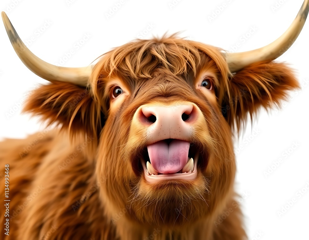 Close-up Of An Angry And Surprised Highland Cow Isolated On White Background With A Funny And Excited Expression, Animal Portrait Close-up Of An Angry And Surprised Highland Cow Isolated On White Background With A Funny And Excited Expression, Animal Portrait