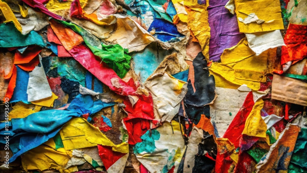 A Collage of Torn and Faded Papers in Vibrant Colors, Layers of History and Time A Collage of Torn and Faded Papers in Vibrant Colors, Layers of History and Time