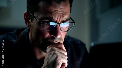Confused man at laptop, online transaction, digital safety, doubt and concern, moody lighting