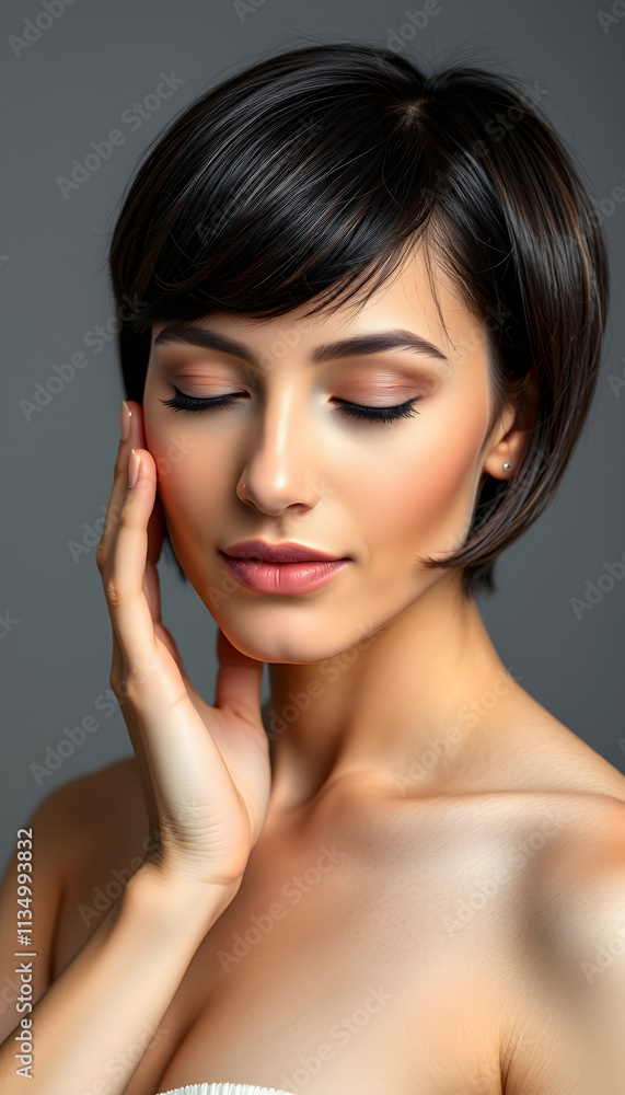 Beautiful Woman with Short Hair, Natural Makeup, Skincare Beauty.
Beautiful Woman with Short Hair, Natural Makeup, Skincare Beauty.