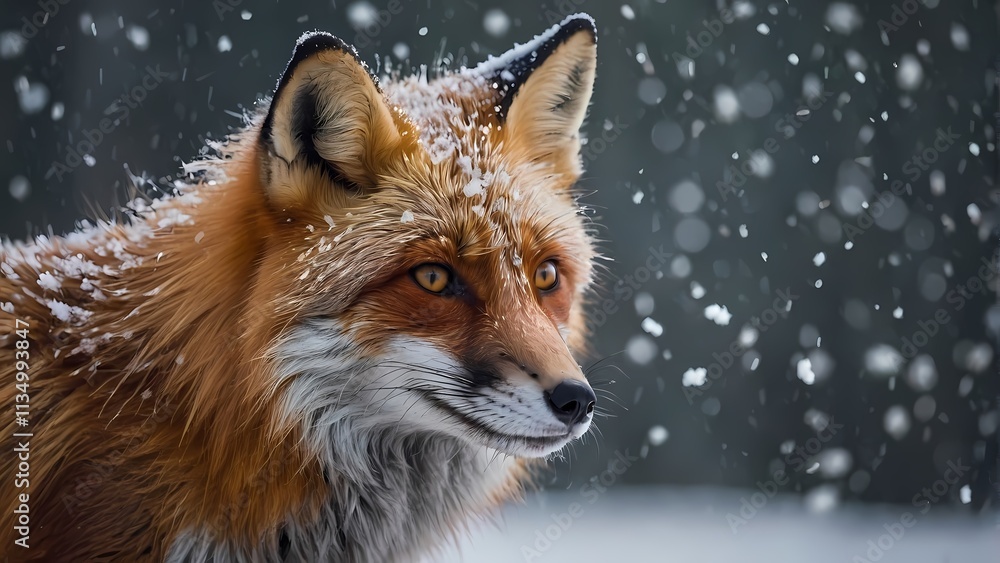 Red Fox in Winter Wonderland: A stunning red fox, its fur dusted with snowflakes, gazes intently into the distance amidst a falling snow. Red Fox in Winter Wonderland: A stunning red fox, its fur dusted with snowflakes, gazes intently into the distance amidst a falling snow.