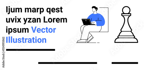 Individual using laptop, large chess pawn, and abstract graphics in blue and black. Ideal for marketing, education, training, consulting, tech presentations, strategy, team creativity. Landing page