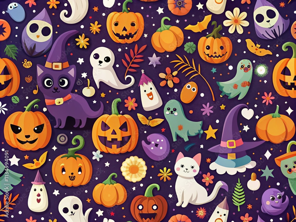 Halloween Themed Pattern Featuring Ghosts, Skulls, Black Cats, Witch Hats, Pumpkins, Bats, and Other Spooky Elements for Wrapping, Packaging, Wallpaper, and Textile Designs Halloween Themed Pattern Featuring Ghosts, Skulls, Black Cats, Witch Hats, Pumpkins, Bats, and Other Spooky Elements for Wrapping, Packaging, Wallpaper, and Textile Designs