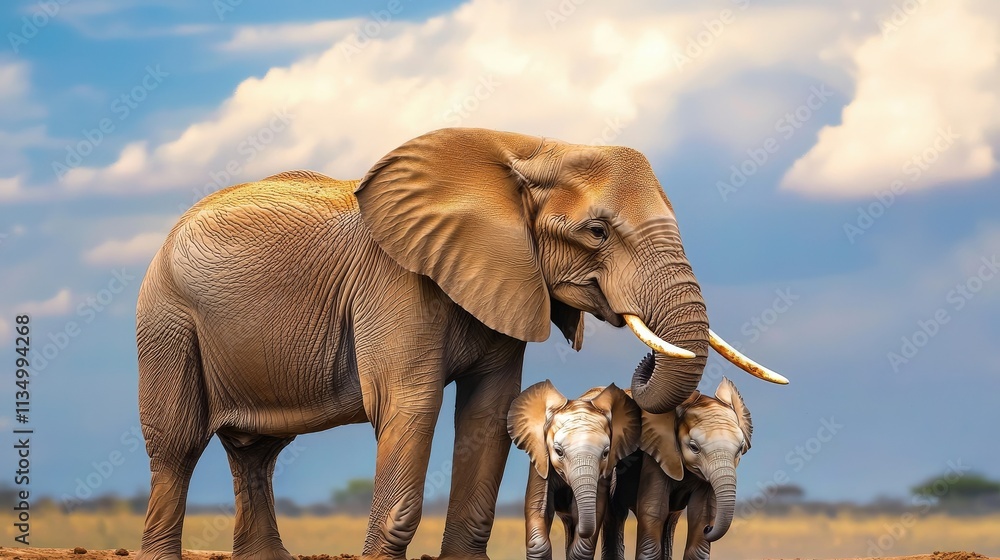 Fototapeta premium A majestic elephant stands with its calves under a blue sky, showcasing the beauty of wildlife and family bonds in a natural setting.