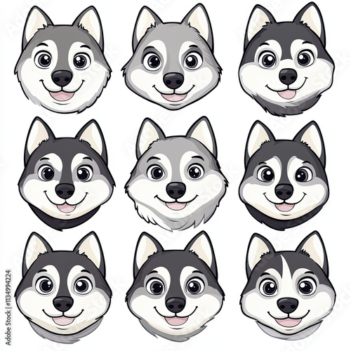 Playful Husky Faces in Cartoon Style