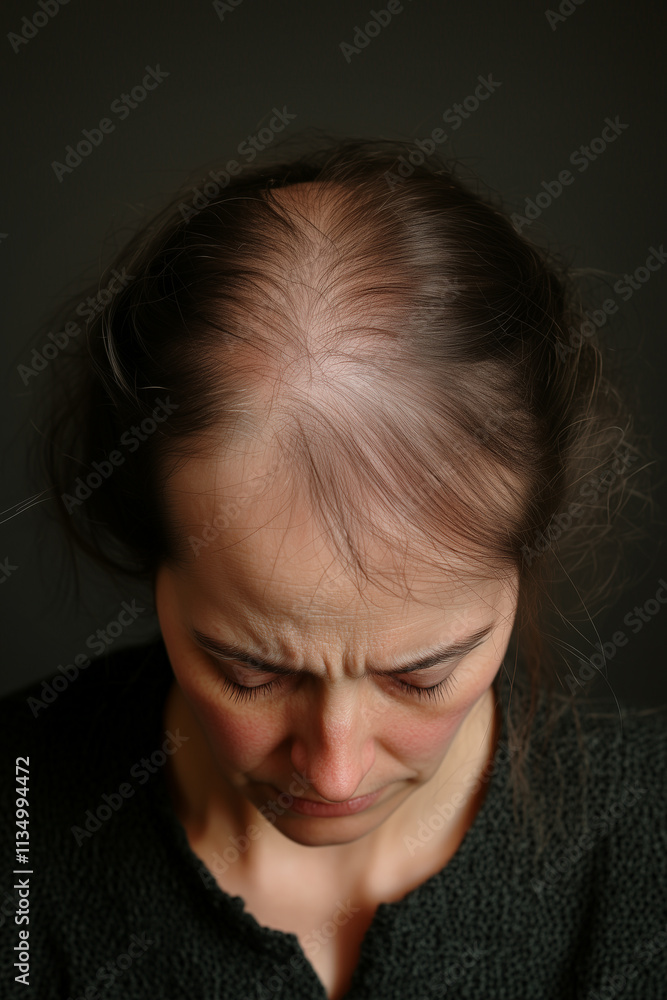 female hair loss in 40s woman with very thin brunette hair, head tilted forward on dark background female hair loss in 40s woman with very thin brunette hair, head tilted forward on dark background
