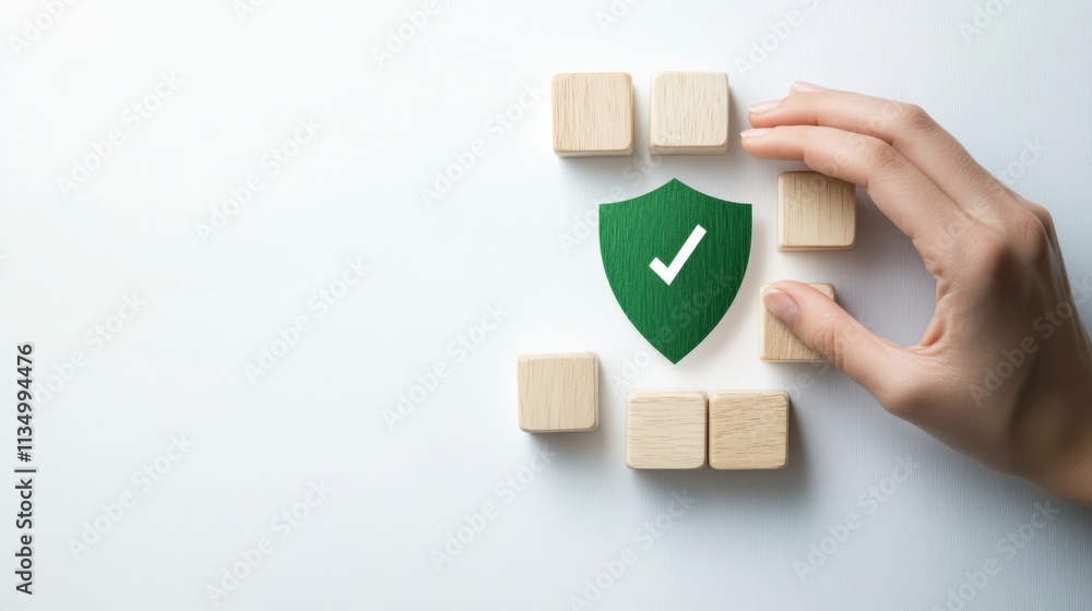 Green Shield Checkmark Wooden Blocks Hand Arrangement Green Shield Checkmark Wooden Blocks Hand Arrangement