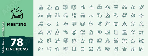 Meeting icon set. Contains related to consultation, meeting, social, video, call, room, meet and more. Minimalist set of line pictogram. Editable stroke. Vector illustration.