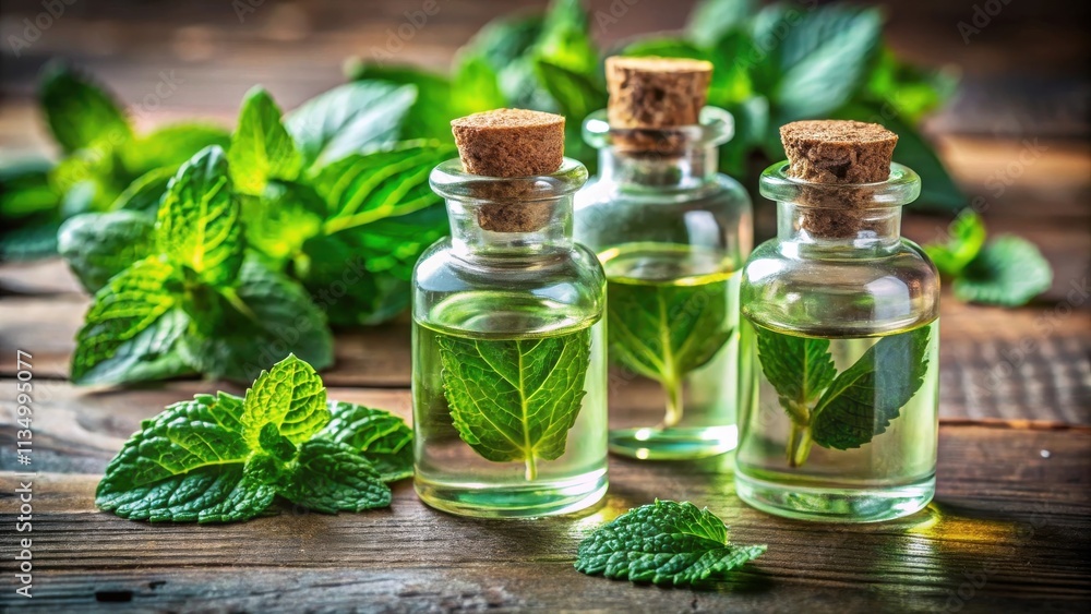 Three glass bottles filled with fresh green mint essential oil on a wooden surface surrounded by lush green leaves. Three glass bottles filled with fresh green mint essential oil on a wooden surface surrounded by lush green leaves.