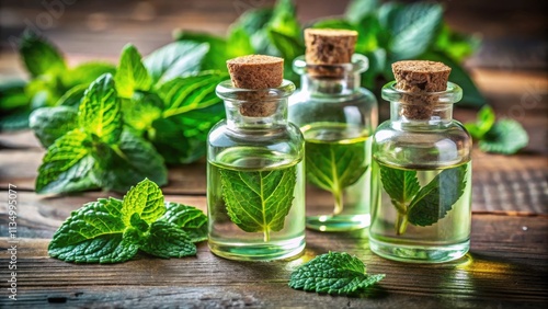 Three glass bottles filled with fresh green mint essential oil on a wooden surface surrounded by lush green leaves.