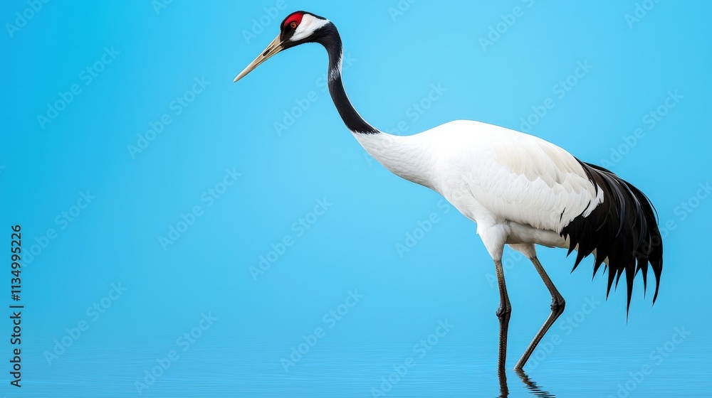 Fototapeta premium A graceful crane stands in shallow water, showcasing its elegant white plumage and distinctive red crown against a clear blue background.