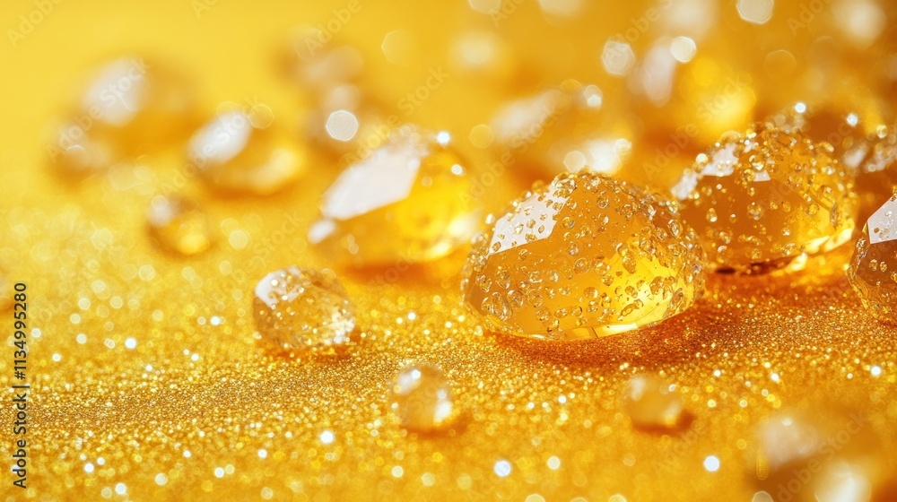Shimmering droplets on a bright yellow surface reflect light, creating a vibrant ambiance Shimmering droplets on a bright yellow surface reflect light, creating a vibrant ambiance