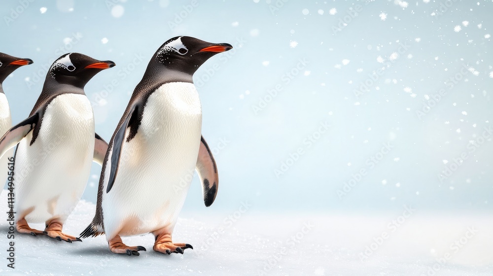 Fototapeta premium Three adorable penguins walking in a snowy landscape, showcasing their distinctive black and white plumage against a soft, blue background.