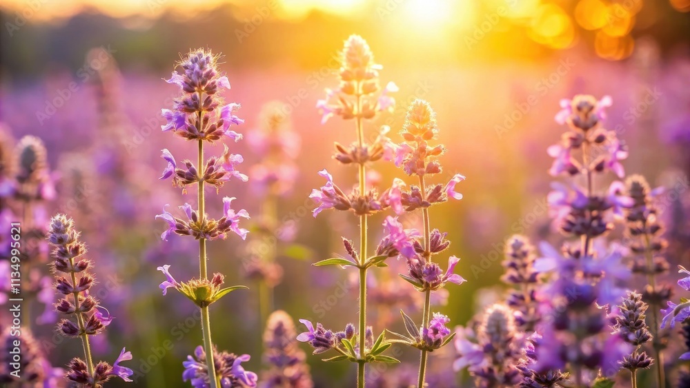 Obraz premium A field of delicate purple wildflowers basking in the golden glow of a setting sun, showcasing the ethereal beauty of nature's artistry.