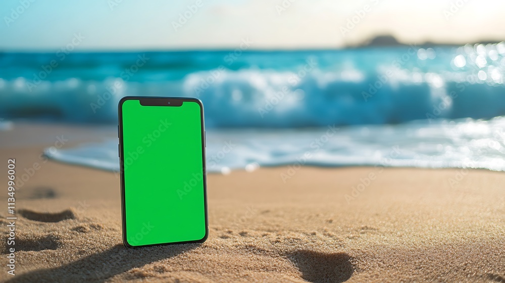 Smartphone with green screen on sandy beach near ocean waves. Smartphone with green screen on sandy beach near ocean waves.