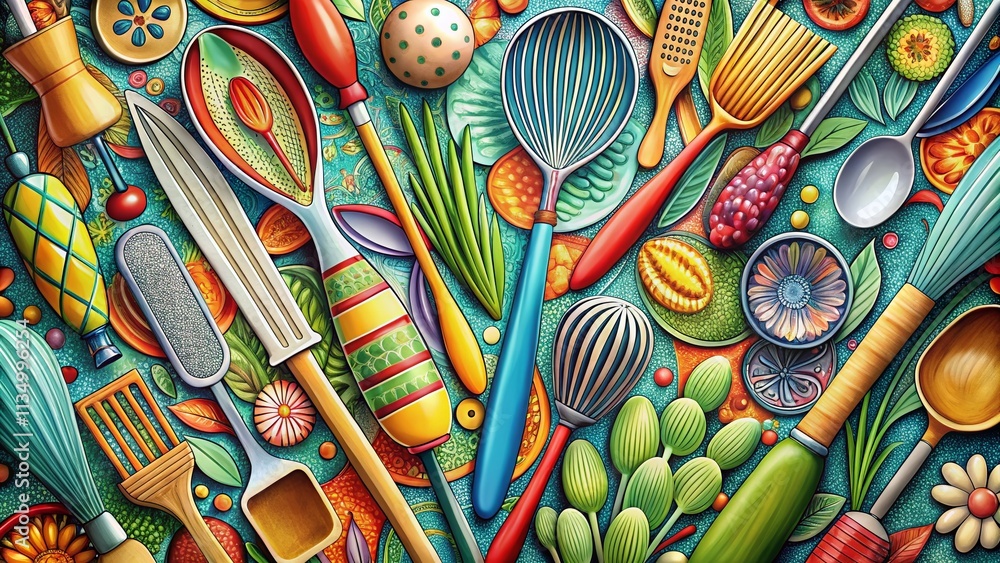 Fototapeta premium Hand Drawn Kitchen Utensils Pattern Illustration for Culinary Design Projects, Perfect for Home Decor, Recipe Books, and Kitchenware Branding Solutions