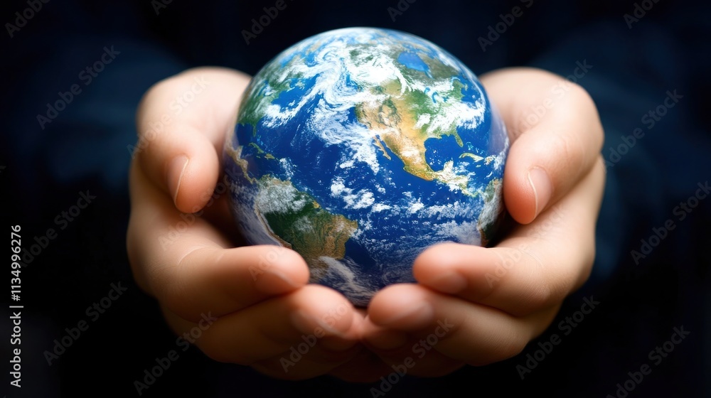 Child hands gently holding a small Earth globe Child hands gently holding a small Earth globe